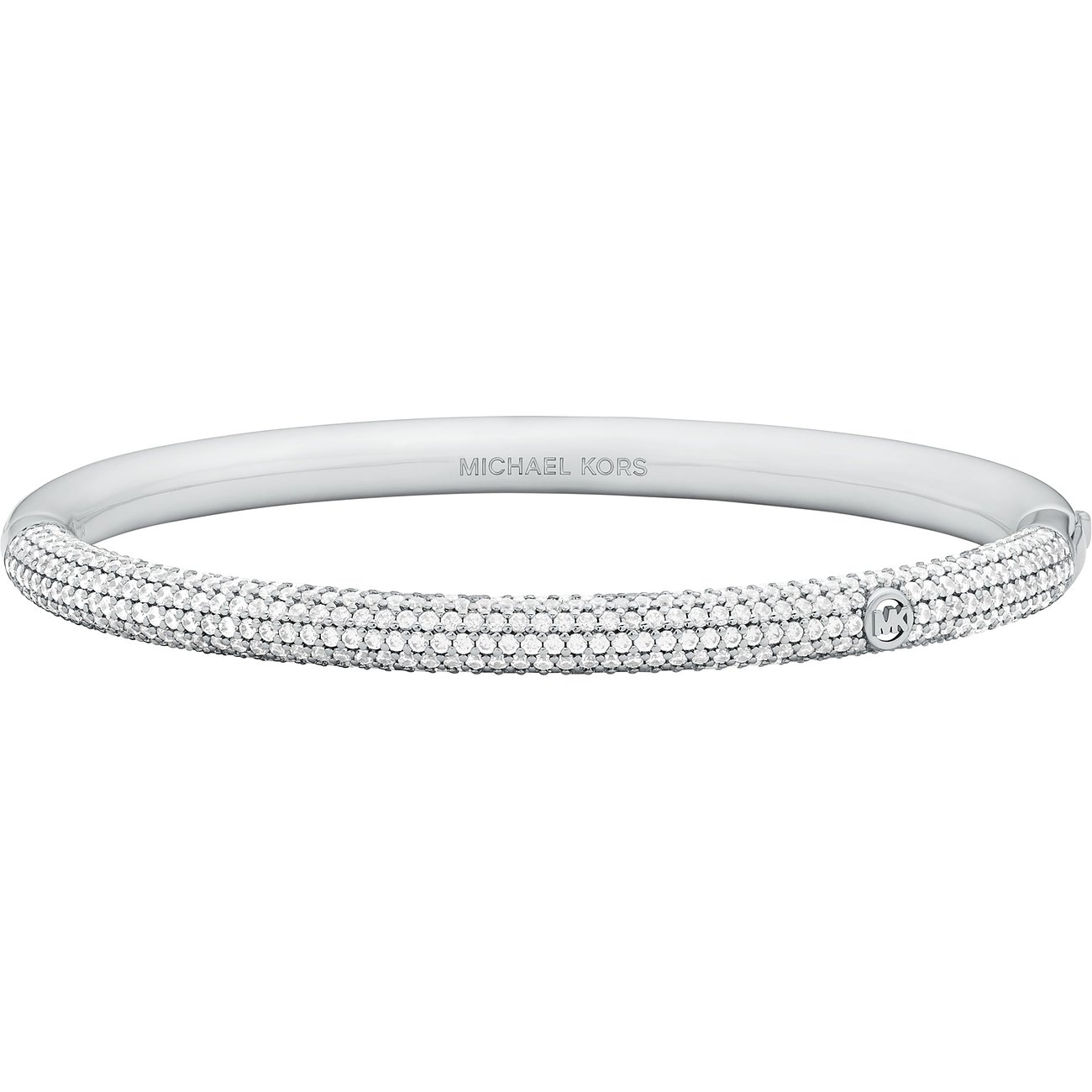 Michael Kors Armreif aus Metall, verziert mit Reihen von klaren Zirkonia Schmucksteinen und einem Logoverschluss.