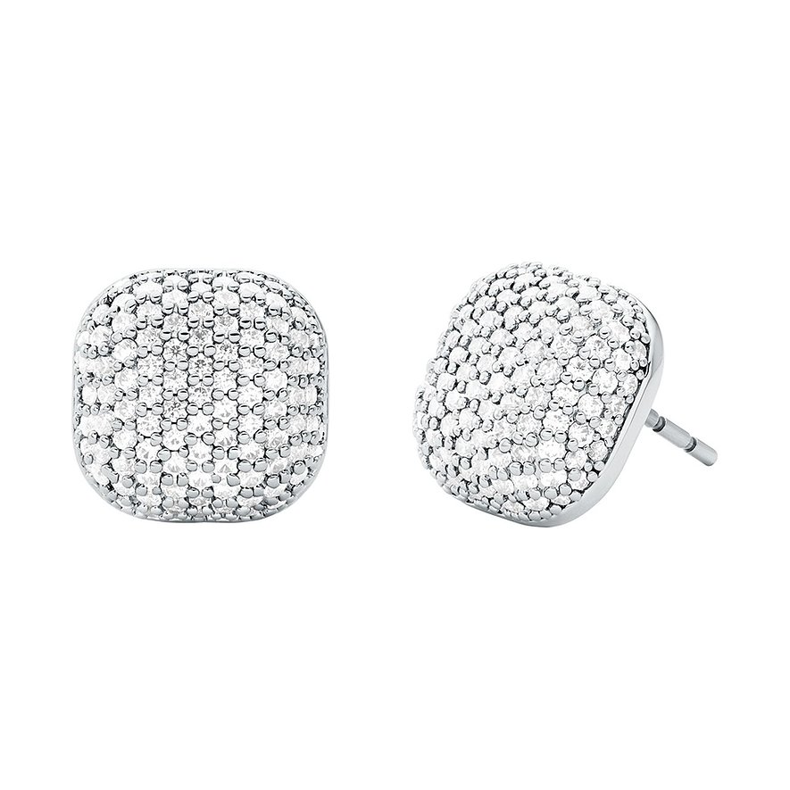 Zwei Michael Kors Ohrstecker aus Metall, quadratisch mit abgerundeten Ecken, komplett besetzt mit weißen Zirkonia.
