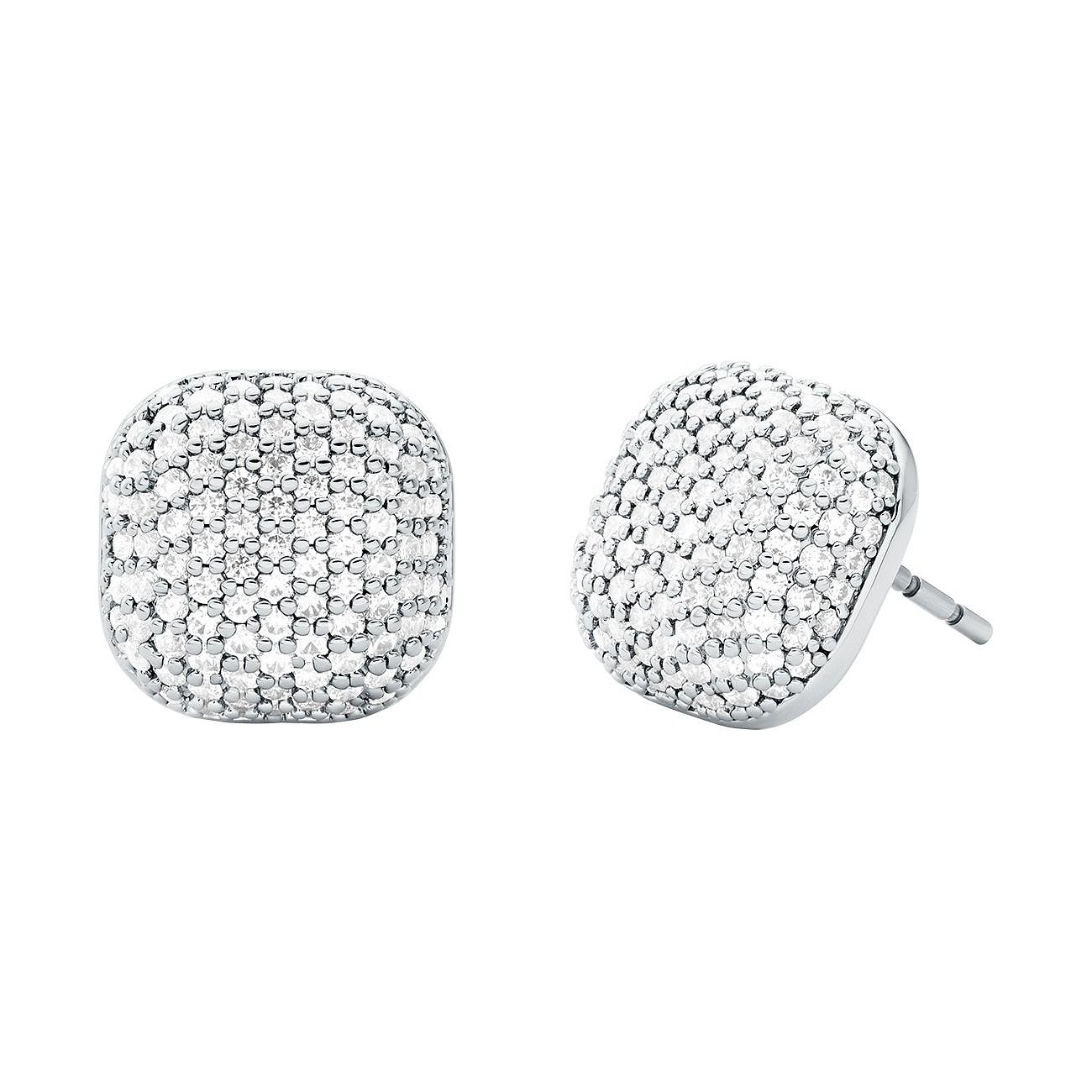 Zwei Michael Kors Ohrstecker aus Metall, quadratisch mit abgerundeten Ecken, komplett besetzt mit weißen Zirkonia.