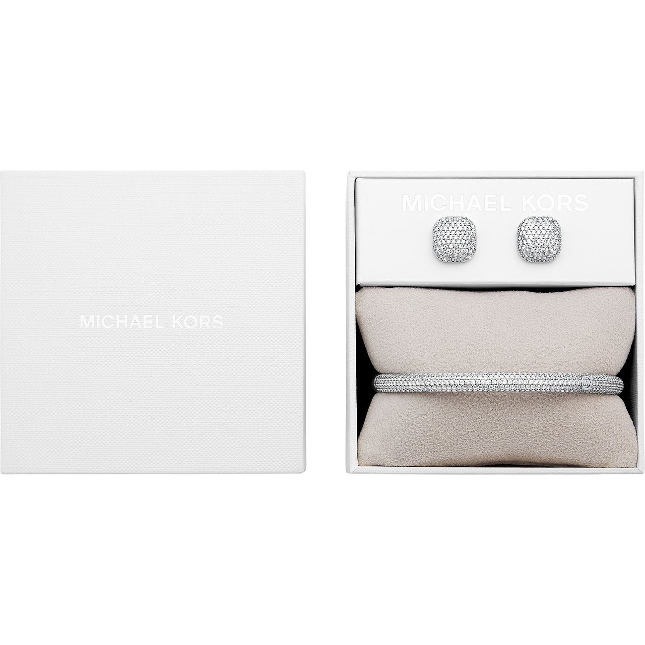 Michael Kors Schmuck-Set aus Metall mit Zirkonia, bestehend aus einem Armreif und quadratischen Ohrsteckern, in weißer Box.