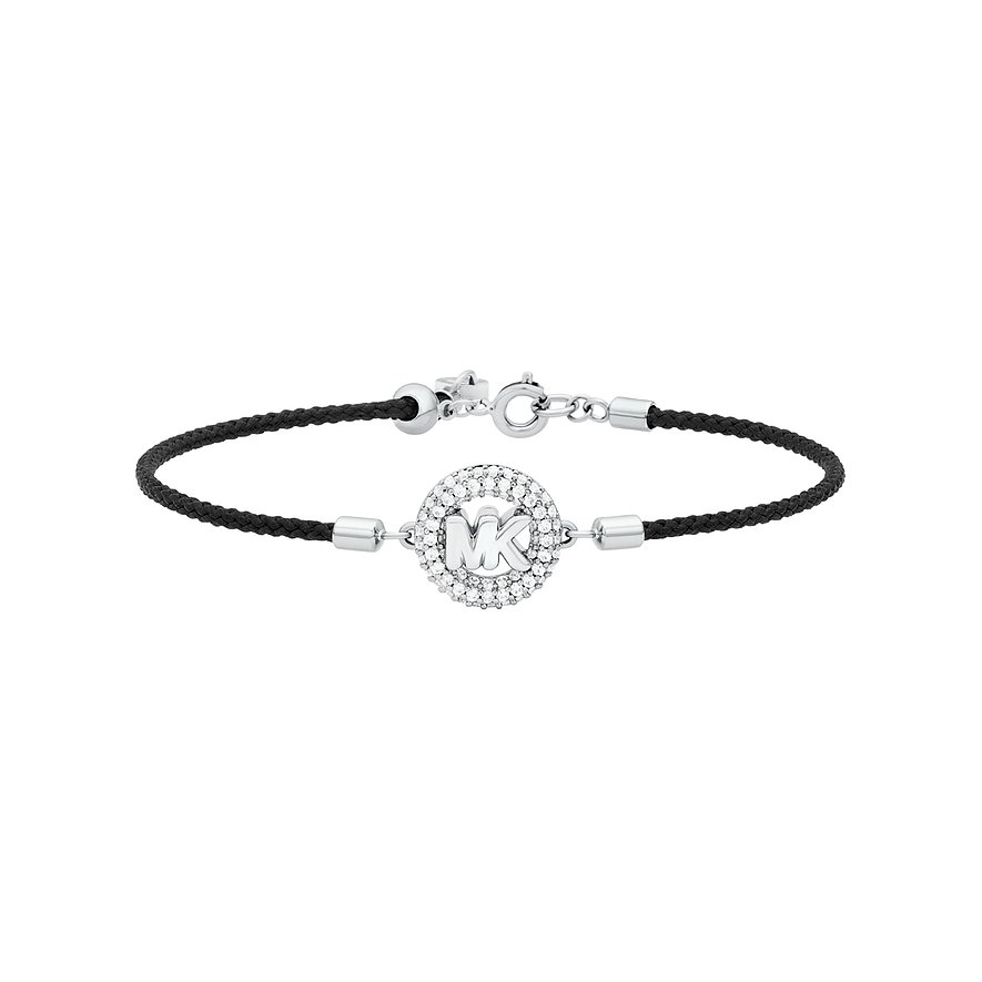 Michael Kors Armschmuck aus Metall mit schwarzem Band und Zirkonia besetztem MK-Logo im Zentrum.