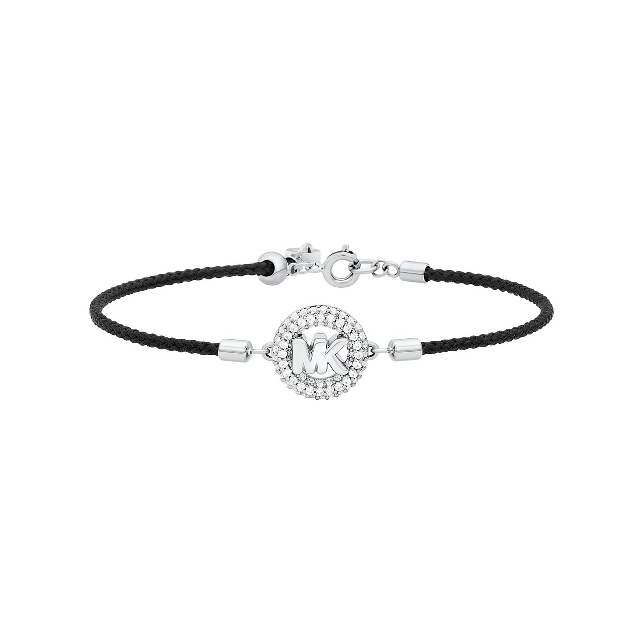 Michael Kors Armschmuck aus Metall mit schwarzem Band und Zirkonia besetztem MK-Logo im Zentrum.