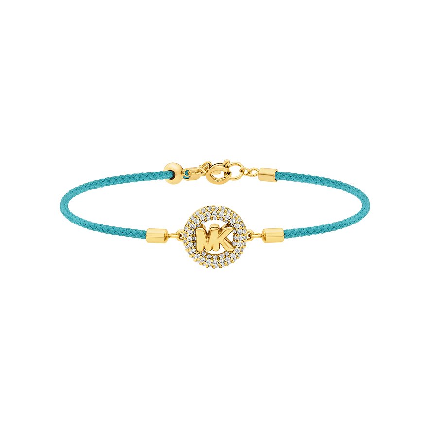 Michael Kors Armband aus goldfarbenem Metall mit türkisfarbenem Band und runden Zirkonia-Steinen.