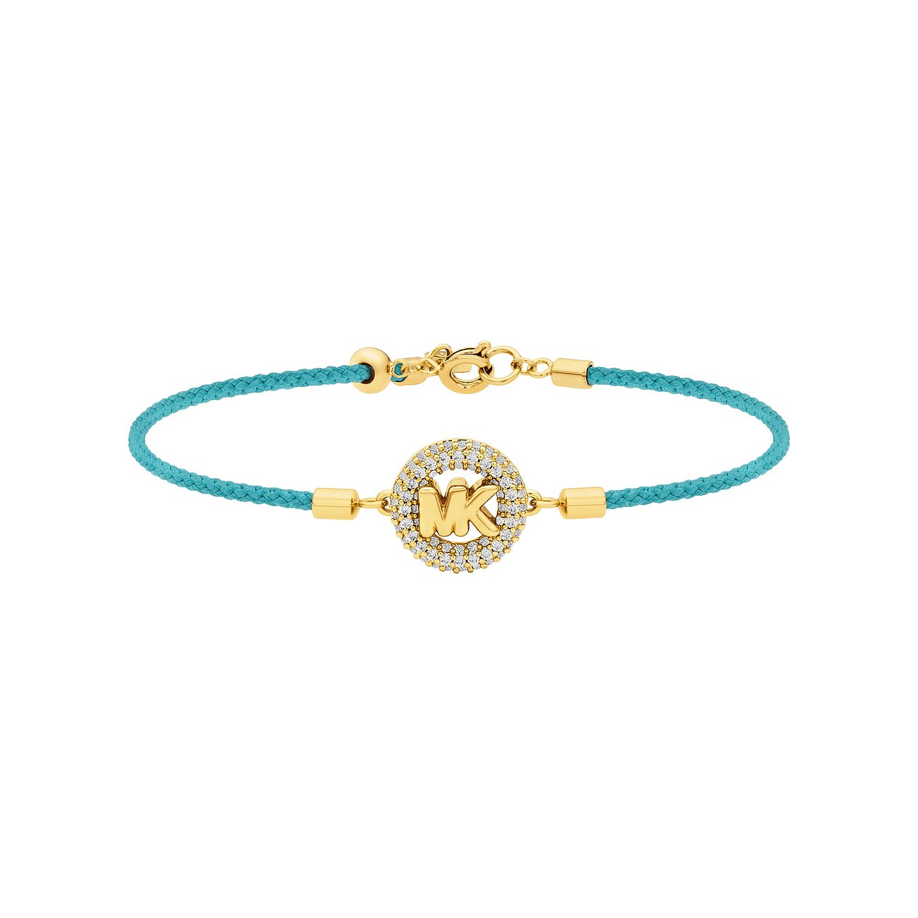 Michael Kors Armband aus goldfarbenem Metall mit türkisfarbenem Band und runden Zirkonia-Steinen.