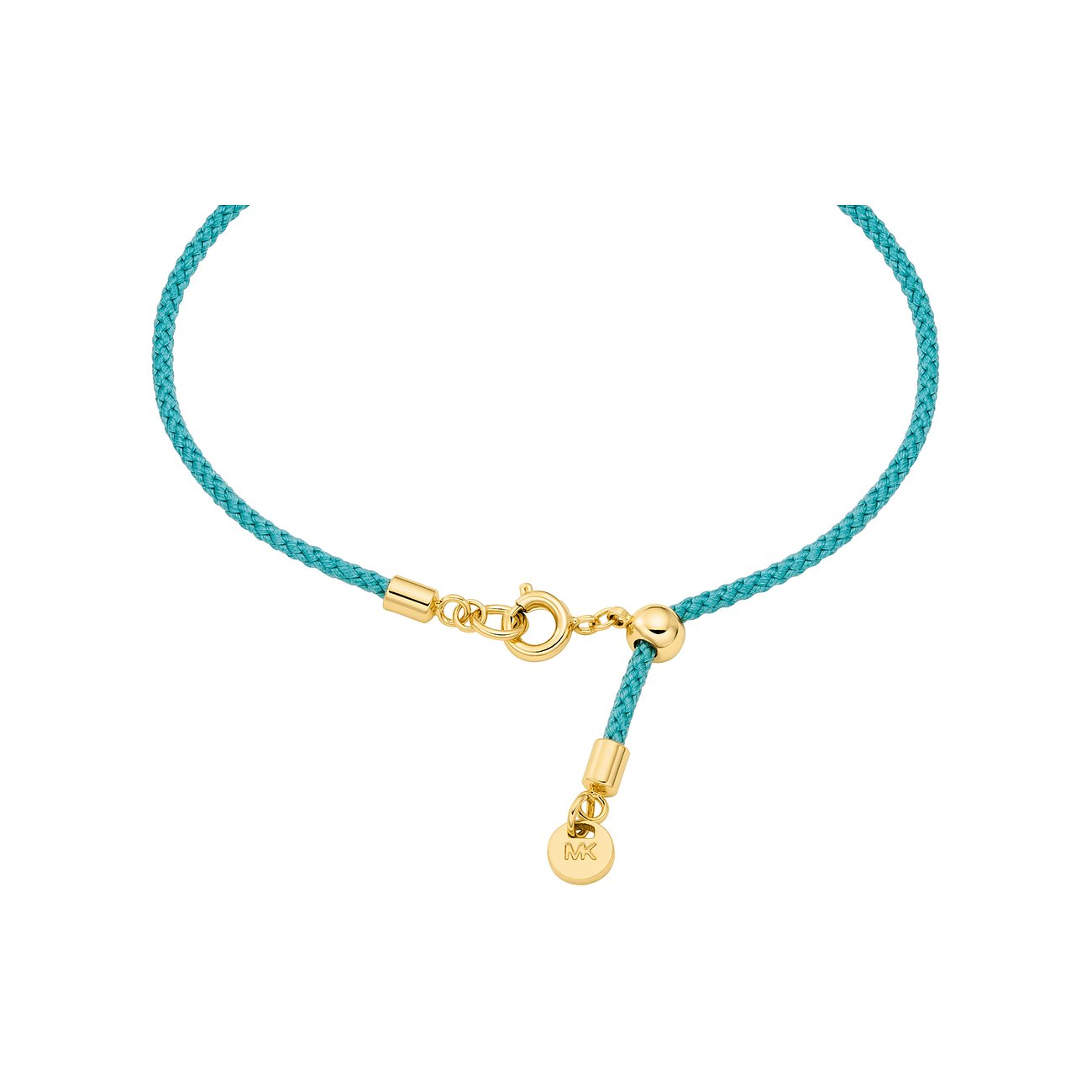 Michael Kors Armband aus geflochtenem türkisfarbenem Textil mit goldenem Metallverschluss und Markenanhänger.