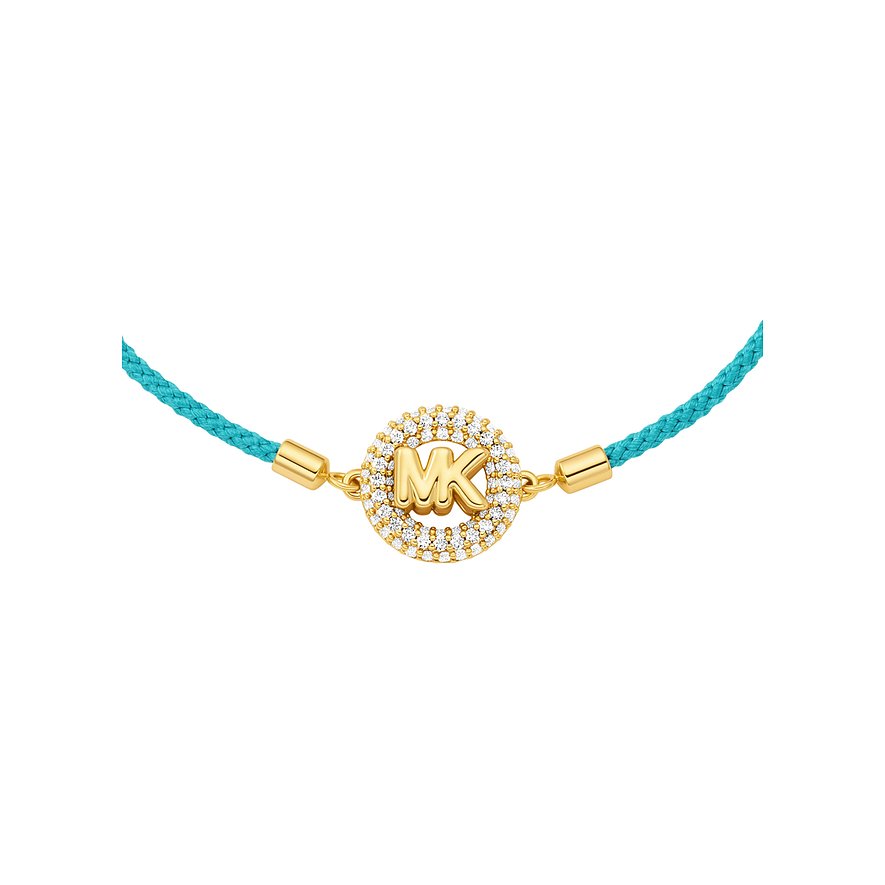 Michael Kors Armband aus goldfarbenem Metall mit hellblauem Band und Zirkonia-besetztem MK-Logo.