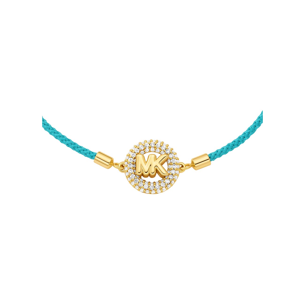 Michael Kors Armband aus goldfarbenem Metall mit hellblauem Band und Zirkonia-besetztem MK-Logo.