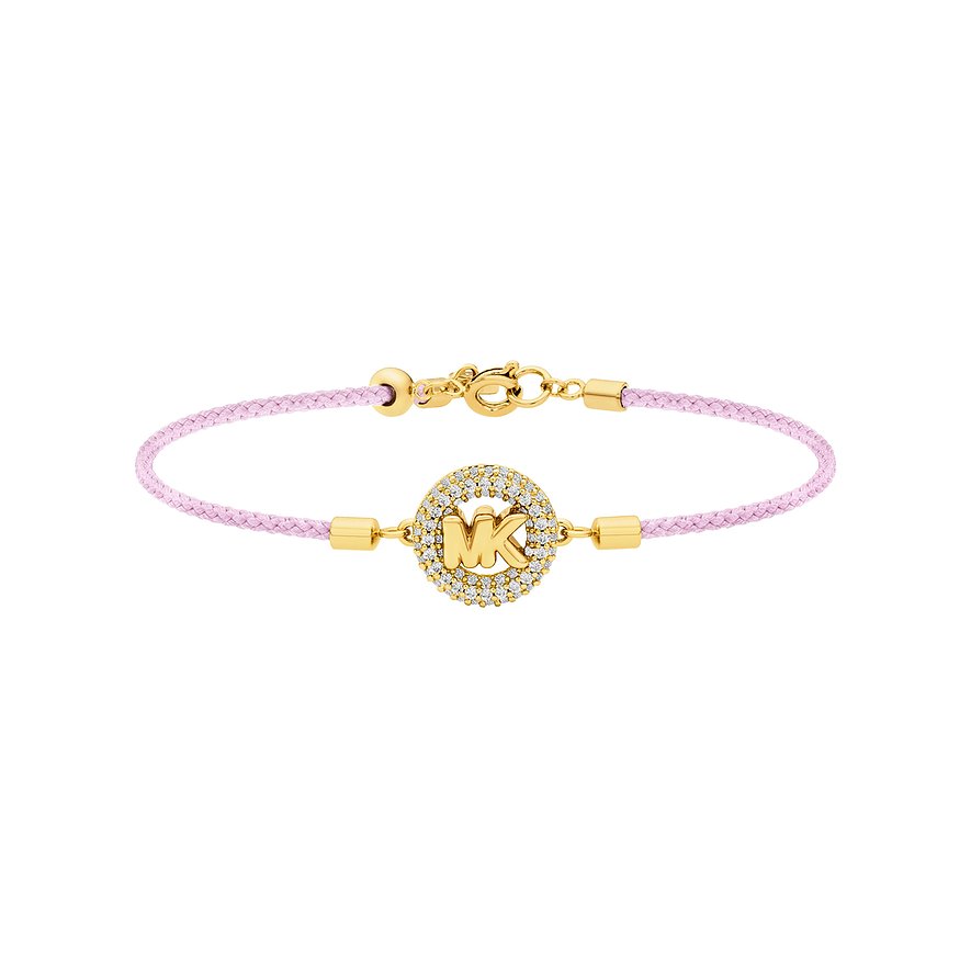 Michael Kors Armband aus goldfarbenem Metall mit rosafarbenem Band und einem runden Anhänger mit Zirkonia-Steinen.