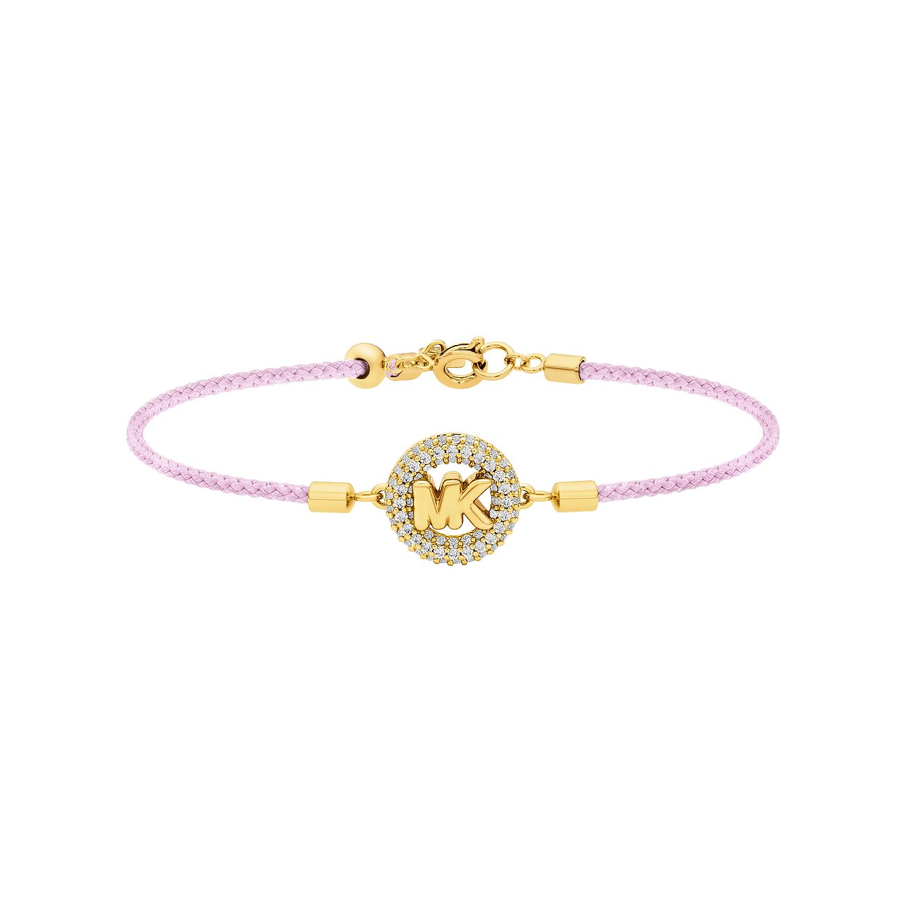 Michael Kors Armband aus goldfarbenem Metall mit rosafarbenem Band und einem runden Anhänger mit Zirkonia-Steinen.