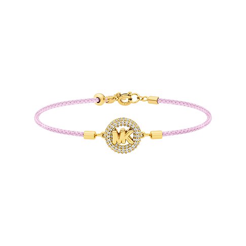 Michael Kors armband i guldfärgad metall med rosa band och runt hänge prytt med zirkoniastenar.