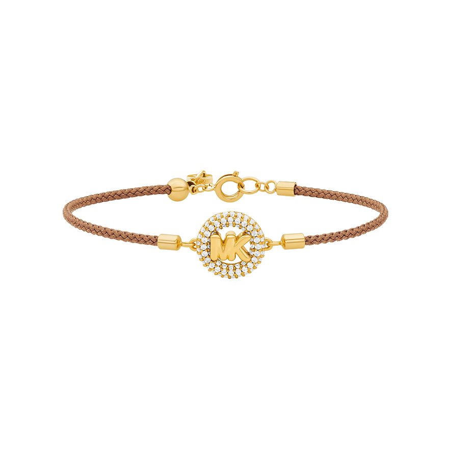 Michael Kors Armband aus goldfarbenem Metall mit braunem Band und runden Zirkonia-Steinen um das „MK“-Logo.