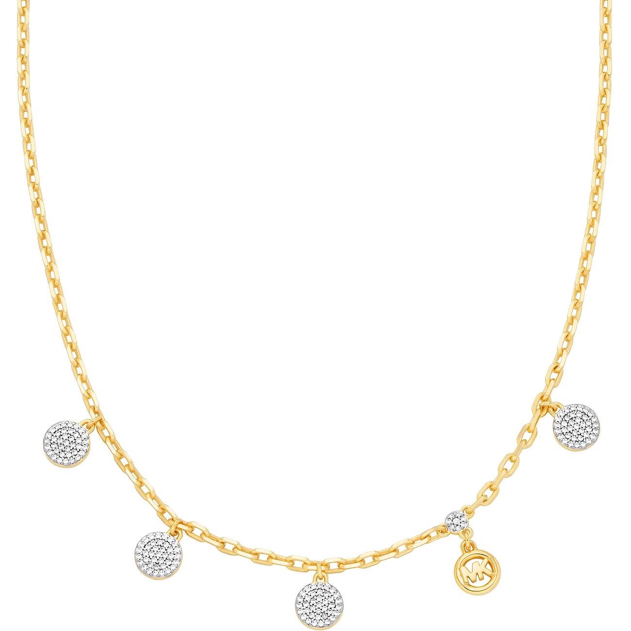 Eine Michael Kors Halskette aus goldfarbenem Metall mit Kettengliedern und mehreren runden Zirkonia-Anhängern.