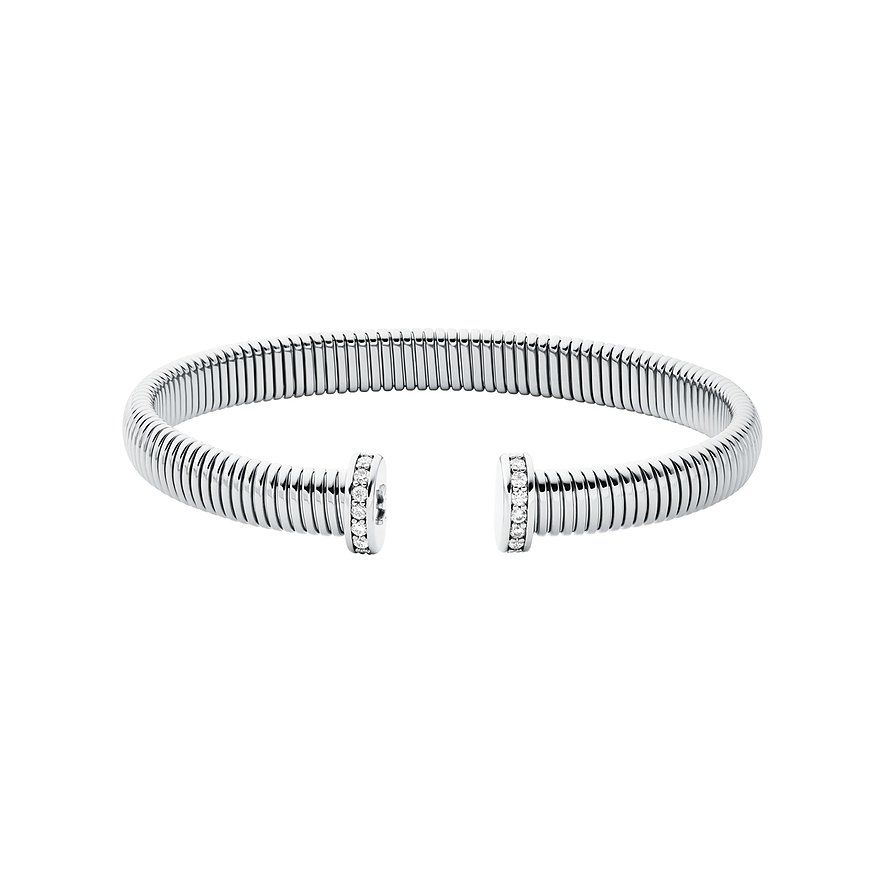 Schmales Michael Kors Armband aus glänzendem Metall in Silberfarbe, offen mit Zirkonia-Verzierung an den Enden.