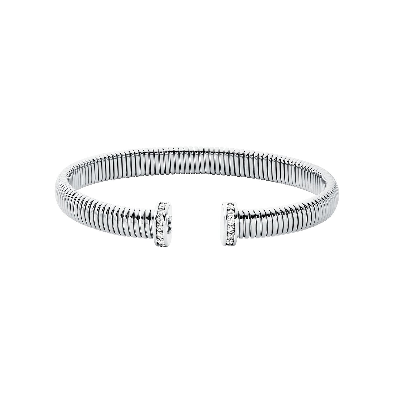 Schmales Michael Kors Armband aus glänzendem Metall in Silberfarbe, offen mit Zirkonia-Verzierung an den Enden.