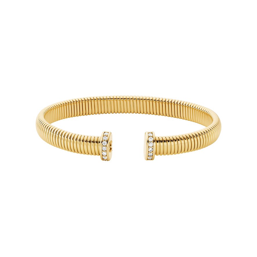 Michael Kors Armreif aus goldfarbenem Metall mit Rillenstruktur und Zirkonia am Verschluss von oben.