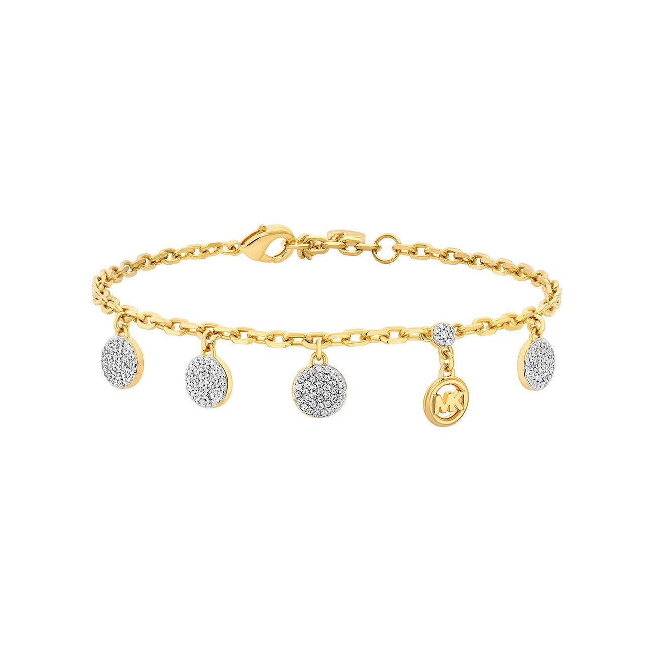 Michael Kors Armband aus goldfarbenem Metall mit runden Zirkonia-Anhängern und einem „MK“-Logo-Anhänger.