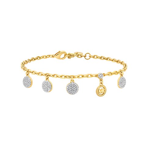 Michael Kors-armband i guldfärgad metall med runda zirkonia-hängen och ett "MK"-logohänge.