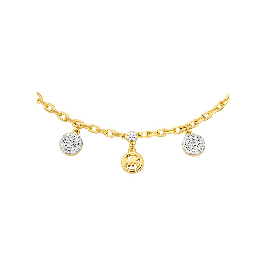 Michael Kors goldfarbenes Metallarmband mit drei Anhängern: zwei runde Zirkonia-Anhänger und ein runder MK-Logo-Anhänger.