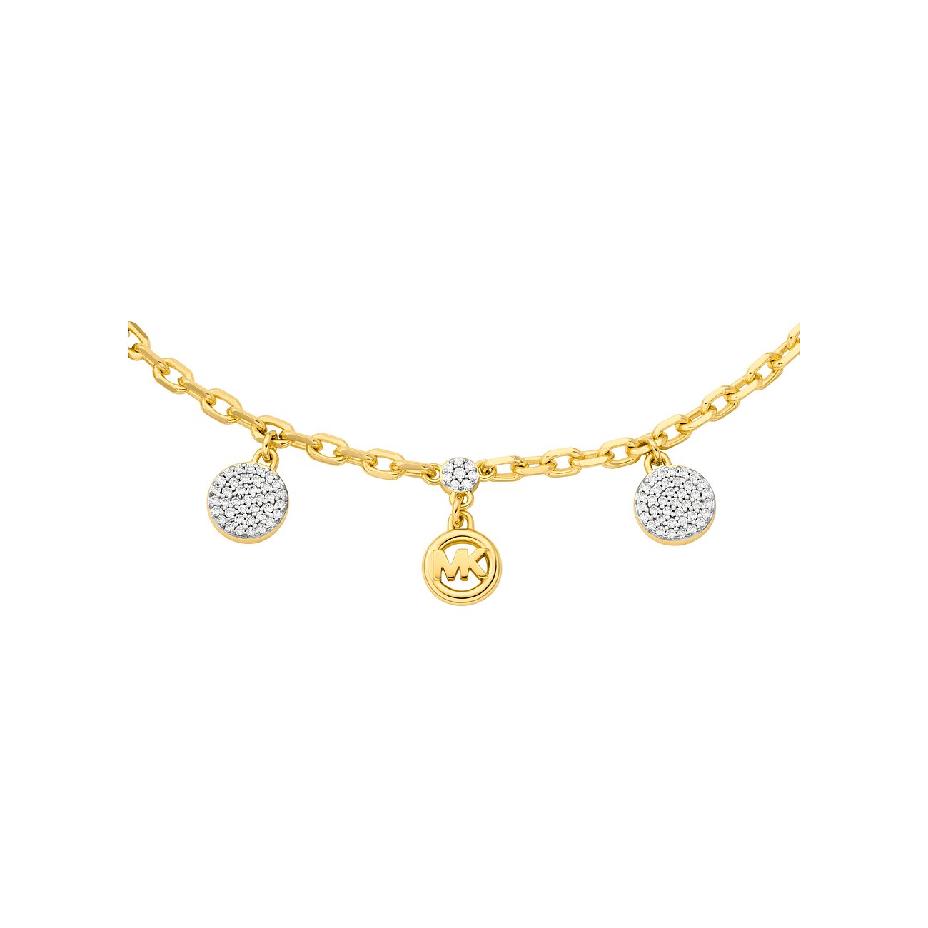 Michael Kors goldfarbenes Metallarmband mit drei Anhängern: zwei runde Zirkonia-Anhänger und ein runder MK-Logo-Anhänger.
