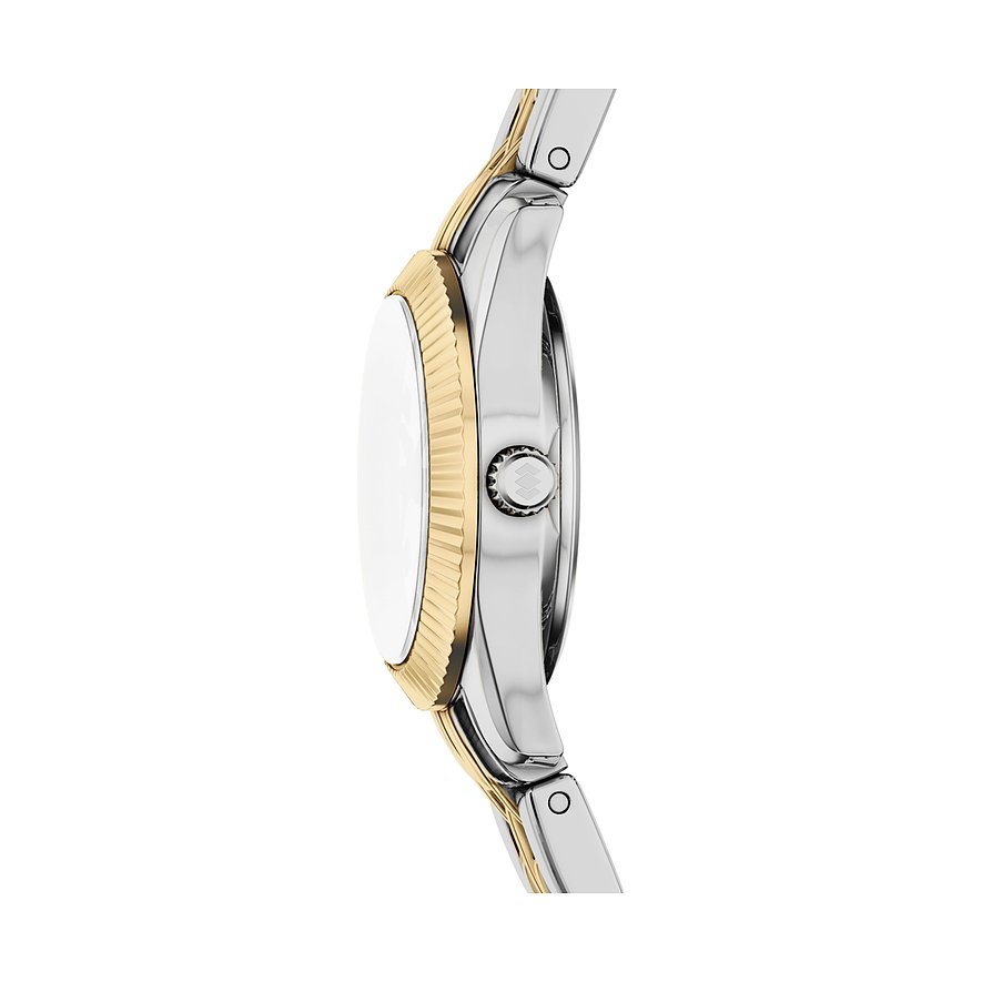 Seitenansicht der Fossil Damenuhr aus Edelstahl mit geriffelten goldenen Details am Gehäuse und Armband.