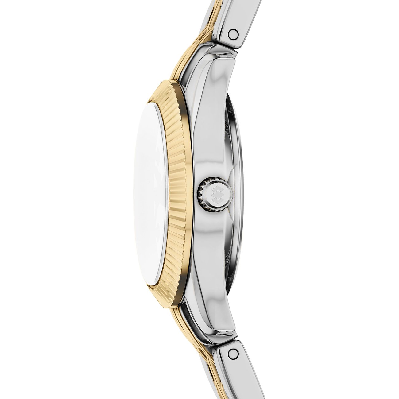 Seitenansicht der Fossil Damenuhr aus Edelstahl mit geriffelten goldenen Details am Gehäuse und Armband.