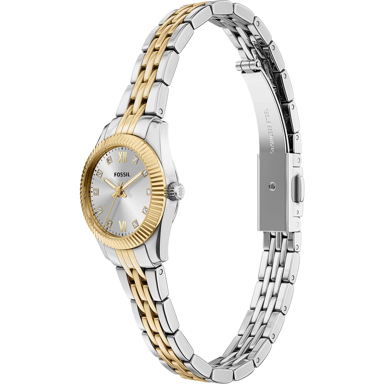 Nahaufnahme einer Fossil Damenuhr aus zweifarbigem Edelstahl in Silber und Gold, mit einem eleganten Zifferblatt.