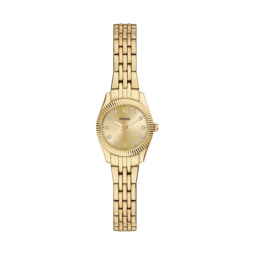 Fossil Damenuhr aus goldfarbenem Edelstahl mit strukturiertem Zifferblatt, glitzernden Steinen & Gliederarmband.