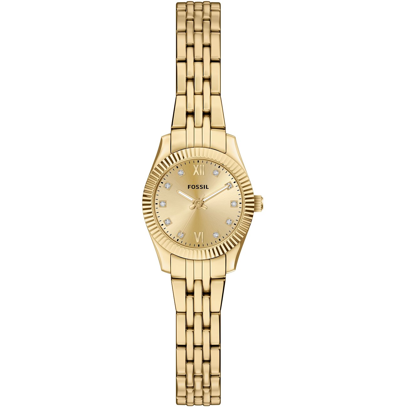 Fossil Damenuhr aus goldfarbenem Edelstahl mit strukturiertem Zifferblatt, glitzernden Steinen & Gliederarmband.