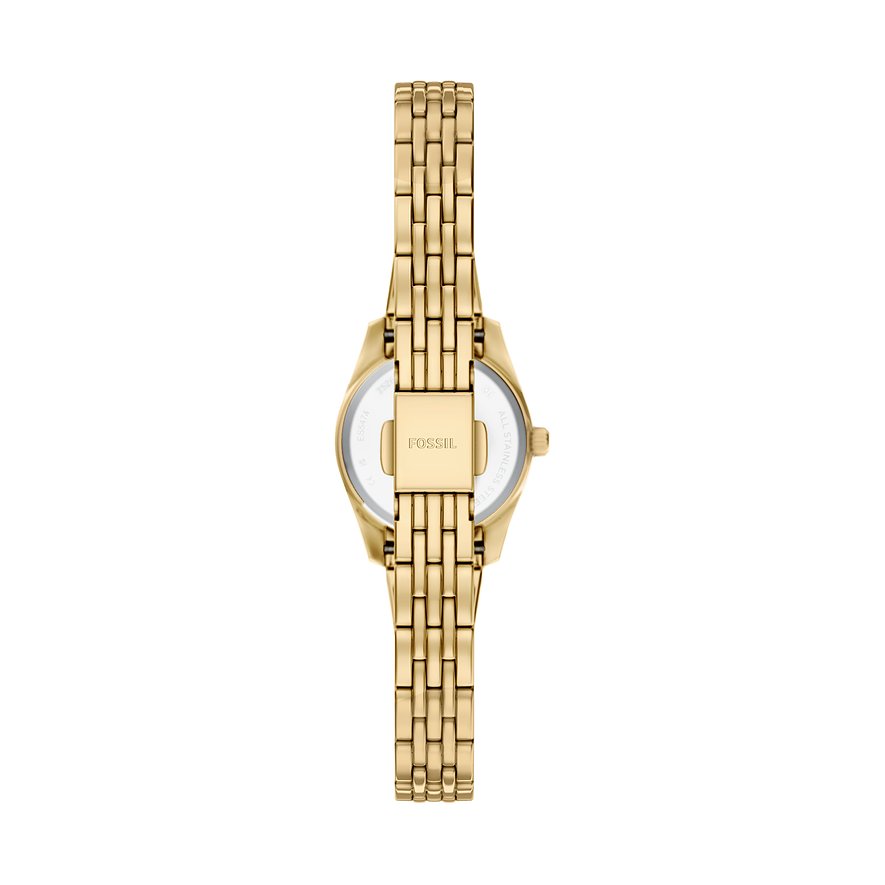 Rückansicht einer Fossil Damenuhr aus goldfarbenem Edelstahl mit geschlossenem Gliederarmband.
