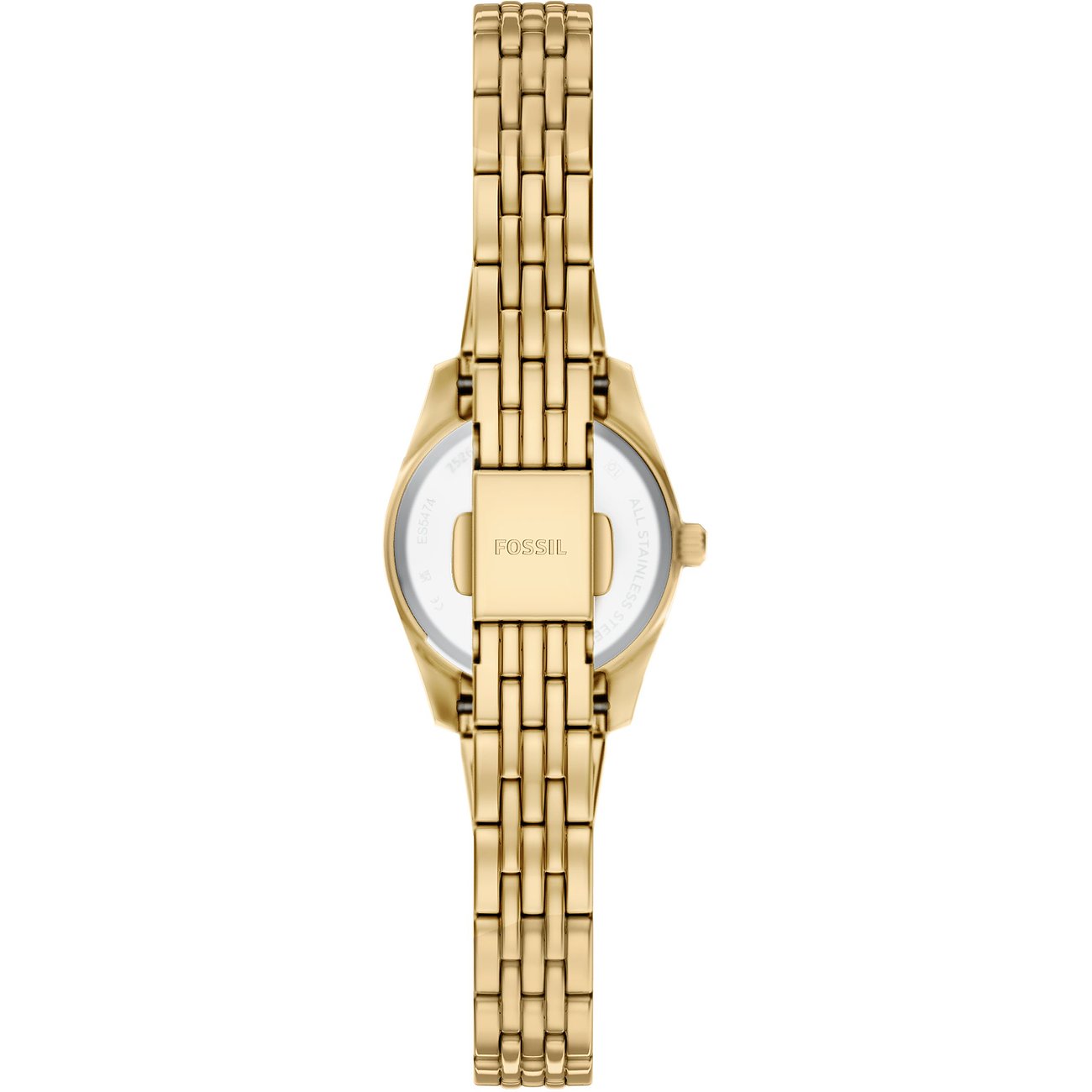 Rückansicht einer Fossil Damenuhr aus goldfarbenem Edelstahl mit geschlossenem Gliederarmband.