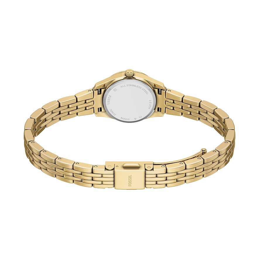Rückansicht der goldenen Fossil Damenuhr aus Edelstahl mit ovalem Gehäuse und Gliederarmband.