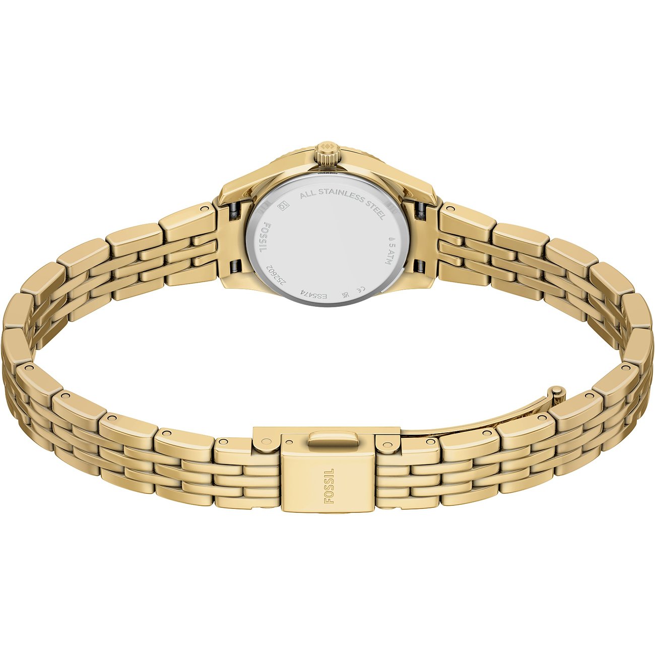 Rückansicht der goldenen Fossil Damenuhr aus Edelstahl mit ovalem Gehäuse und Gliederarmband.