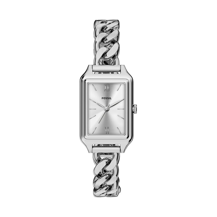 Eine rechteckige Fossil Damenuhr aus Edelstahl mit Gliederarmband. Das Zifferblatt ist in Silber gehalten.