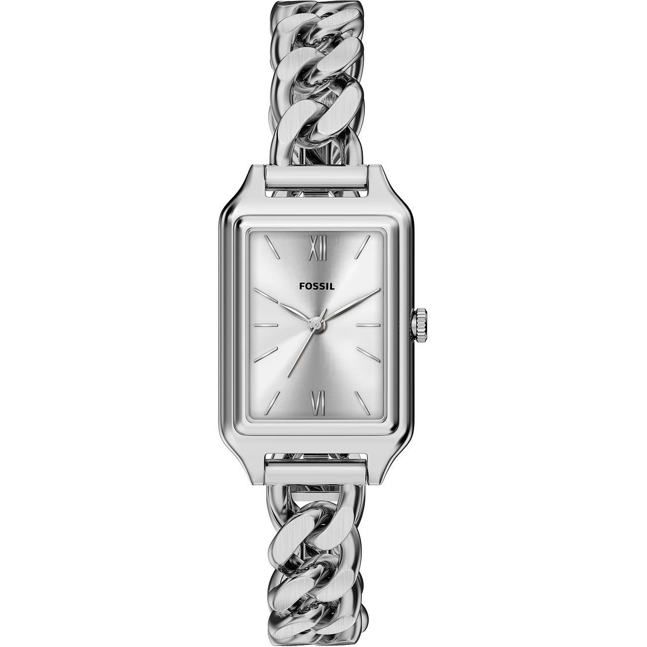 Eine rechteckige Fossil Damenuhr aus Edelstahl mit Gliederarmband. Das Zifferblatt ist in Silber gehalten.