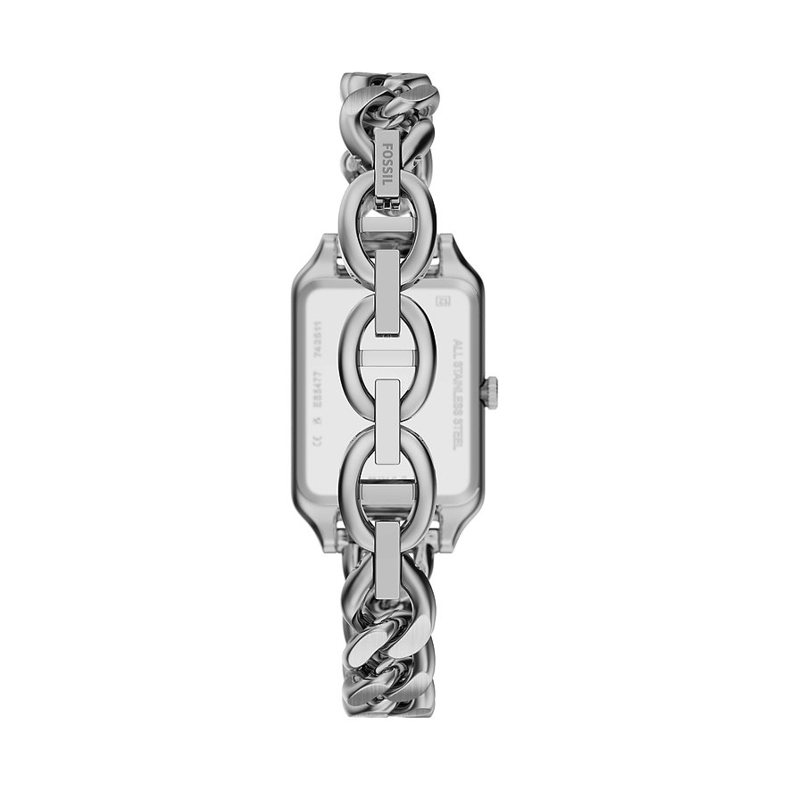 Rückseite einer Fossil Damenuhr aus poliertem Edelstahl mit rechteckigem Gehäuse und markantem Kettenarmband.