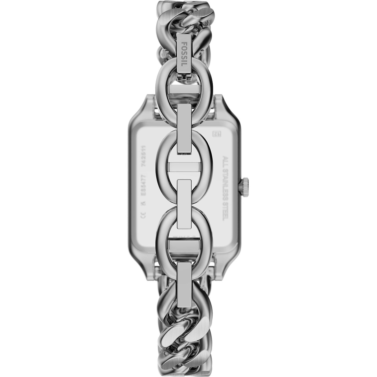 Rückseite einer Fossil Damenuhr aus poliertem Edelstahl mit rechteckigem Gehäuse und markantem Kettenarmband.