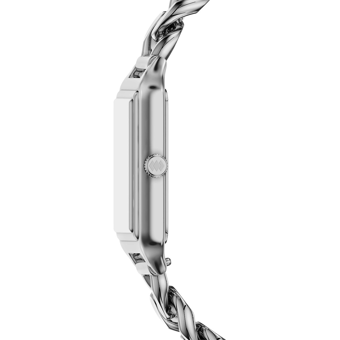 Seitenansicht einer Fossil Damenuhr aus Edelstahl mit rechteckigem Gehäuse und Kettenarmband.