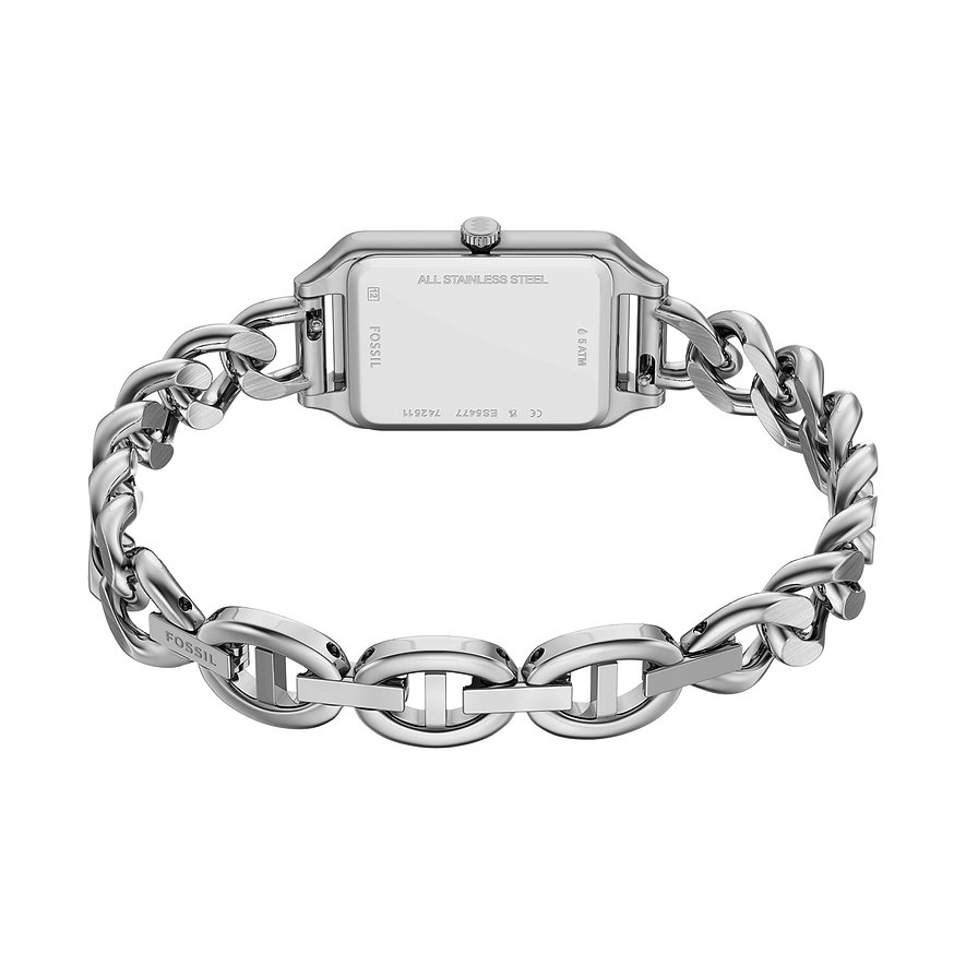 Rückseite einer Fossil Damenuhr aus Edelstahl mit rechteckigem Gehäuse und kettengliedrigem Armband.