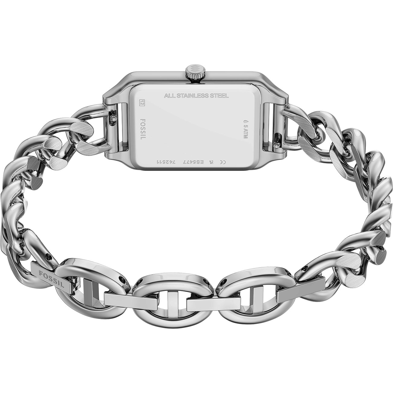 Rückseite einer Fossil Damenuhr aus Edelstahl mit rechteckigem Gehäuse und kettengliedrigem Armband.