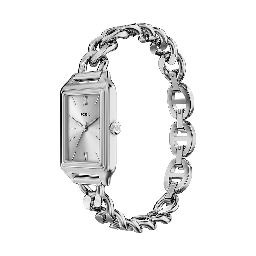 Fossil Damenuhr aus Edelstahl mit rechteckigem Zifferblatt und silbernem Kettenarmband