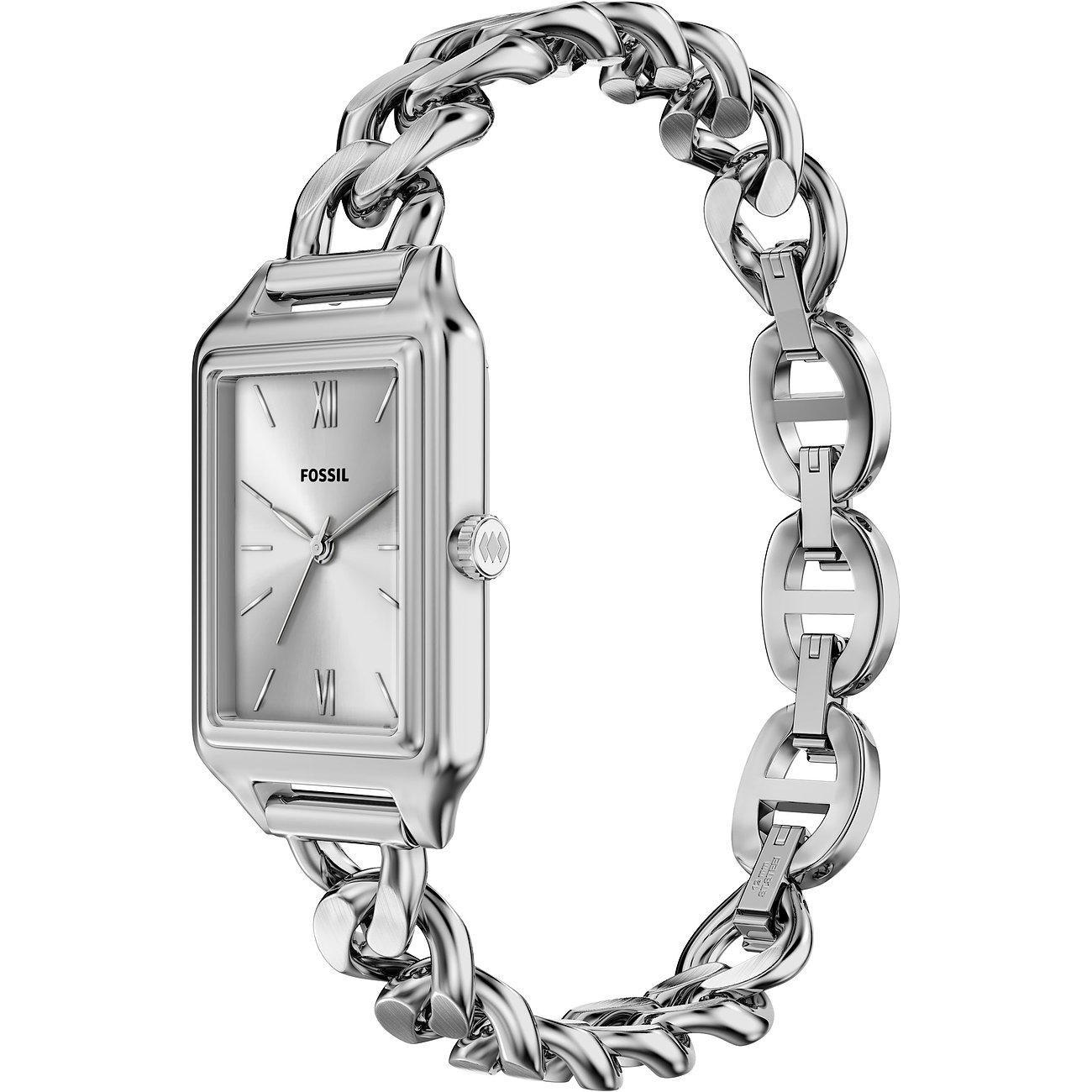 Fossil Damenuhr aus Edelstahl mit rechteckigem Zifferblatt und silbernem Kettenarmband
