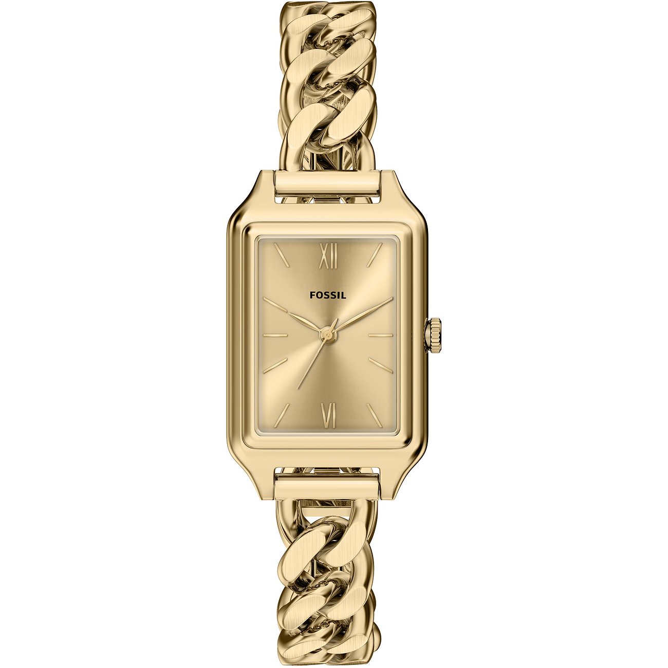 Fossil Damenuhr aus goldfarbenem Edelstahl mit rechteckigem Zifferblatt und chunky Gliederarmband.