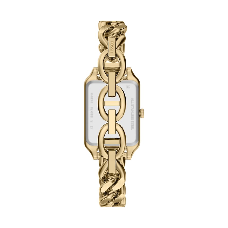 Die Rückseite einer Fossil Damenuhr aus gelbgoldenem Edelstahl mit Gliederarmband ist zu sehen.