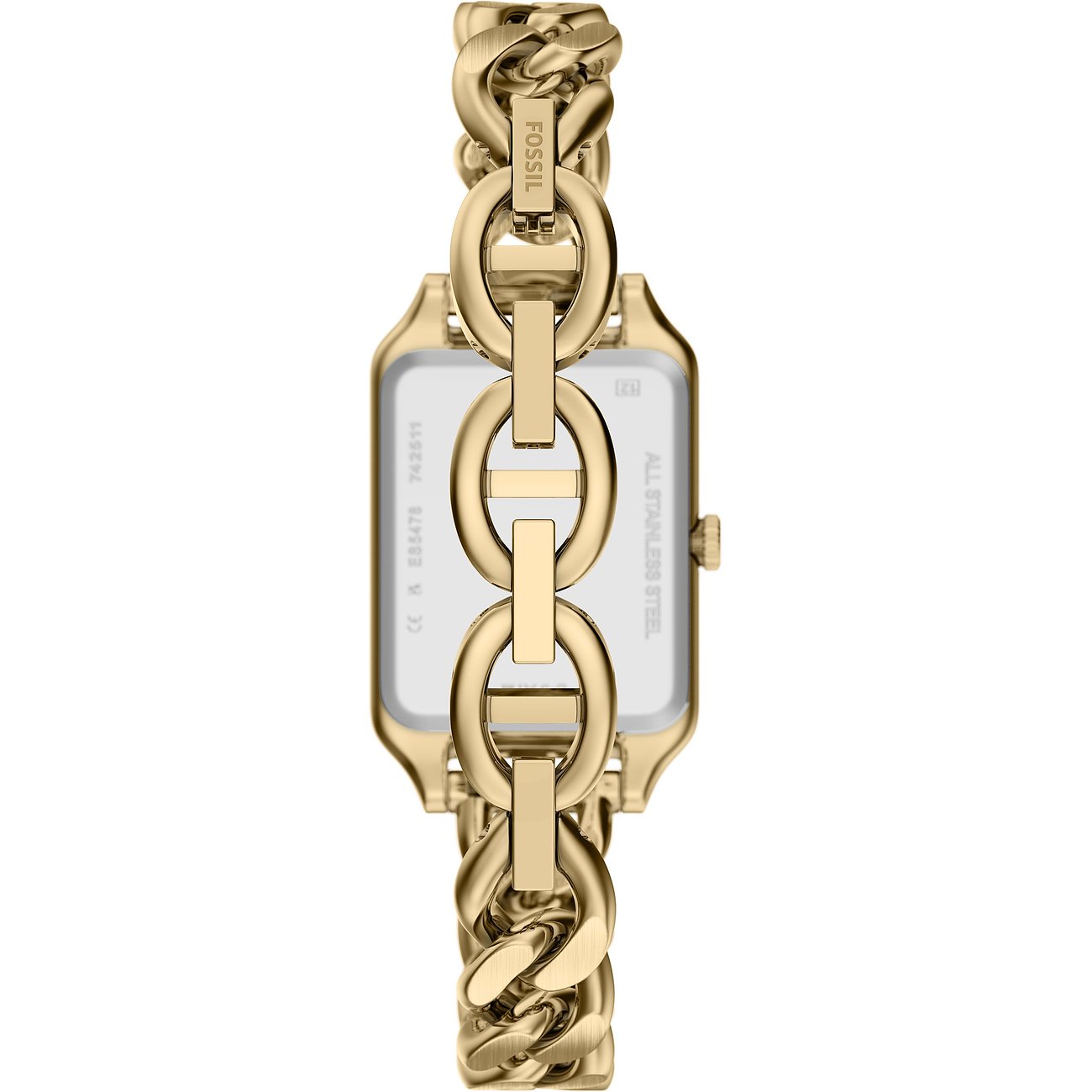 Die Rückseite einer Fossil Damenuhr aus gelbgoldenem Edelstahl mit Gliederarmband ist zu sehen.
