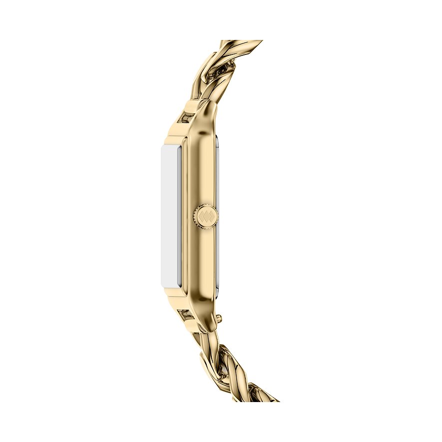 Seitenansicht einer Fossil Damenuhr aus goldfarbenem Edelstahl mit rechteckigem Gehäuse und Gliederarmband.