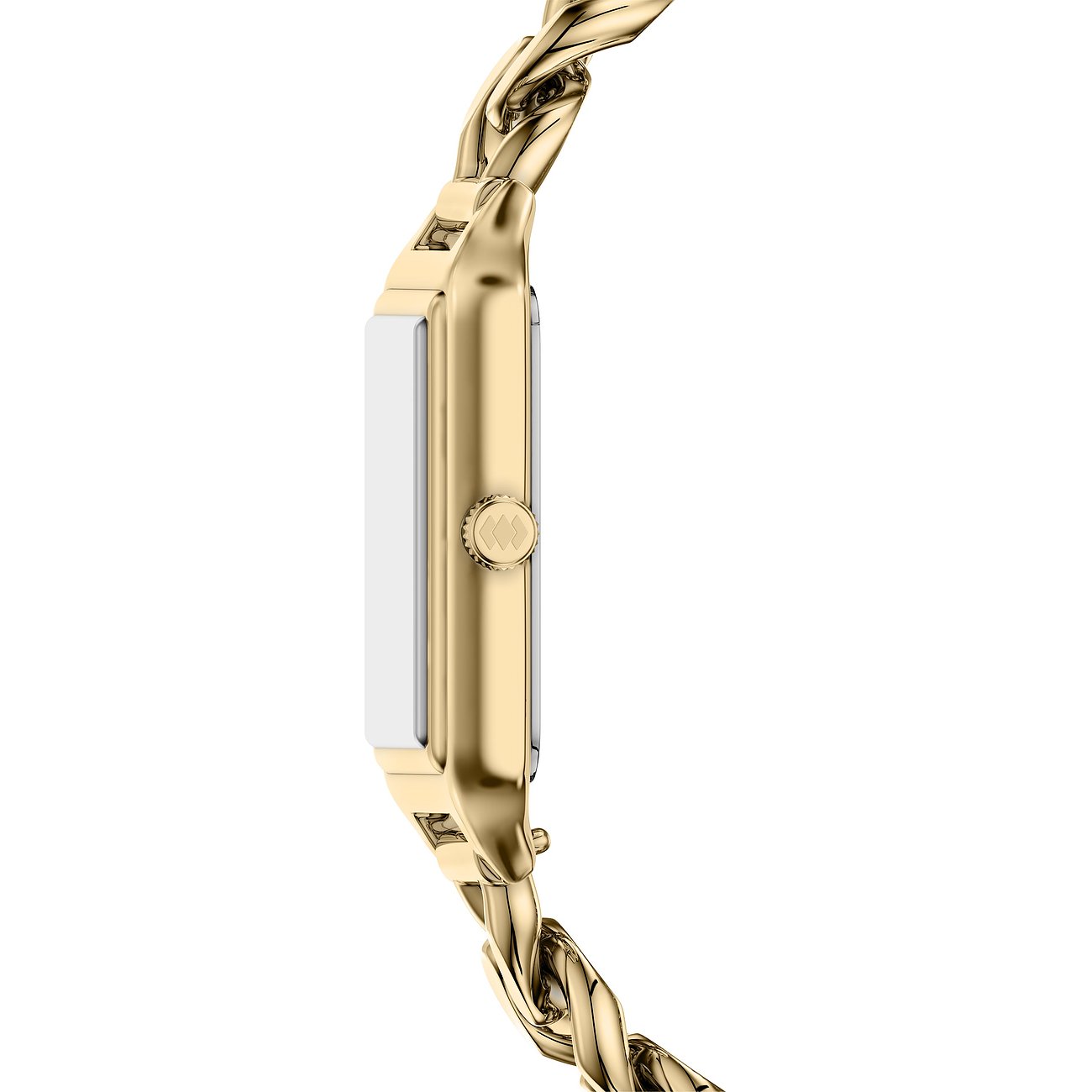 Seitenansicht einer Fossil Damenuhr aus goldfarbenem Edelstahl mit rechteckigem Gehäuse und Gliederarmband.