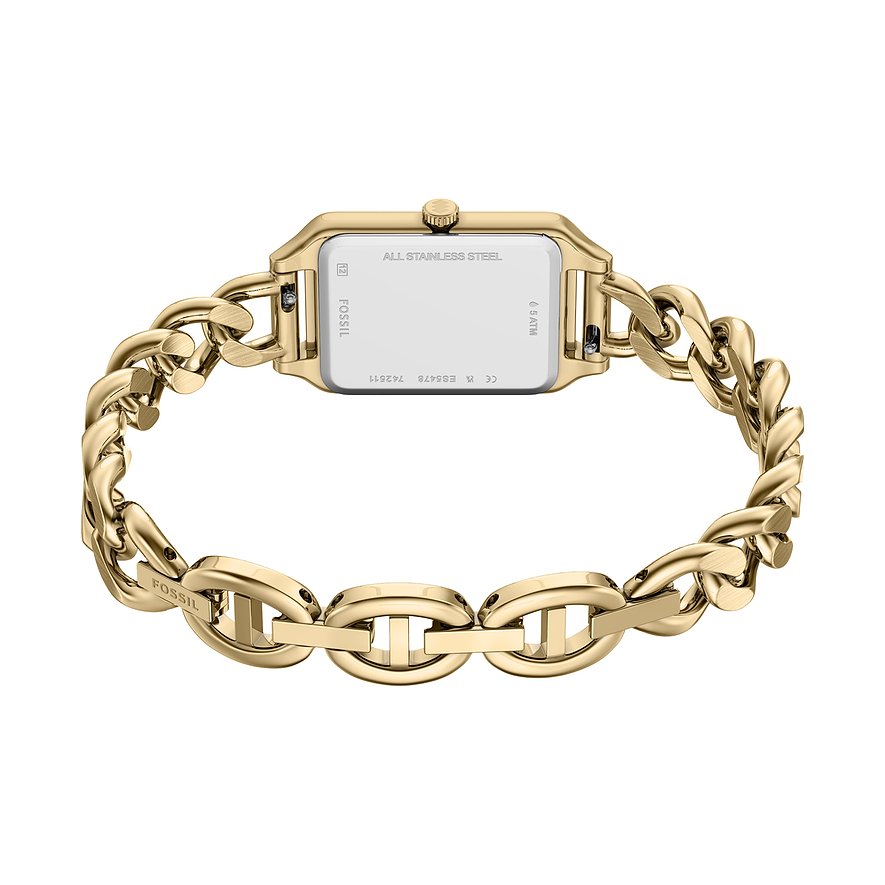 Rückseite einer goldenen Fossil Damenuhr aus Edelstahl mit einem massiven Kettenarmband und aufgdrucktem Text auf dem Gehäuse