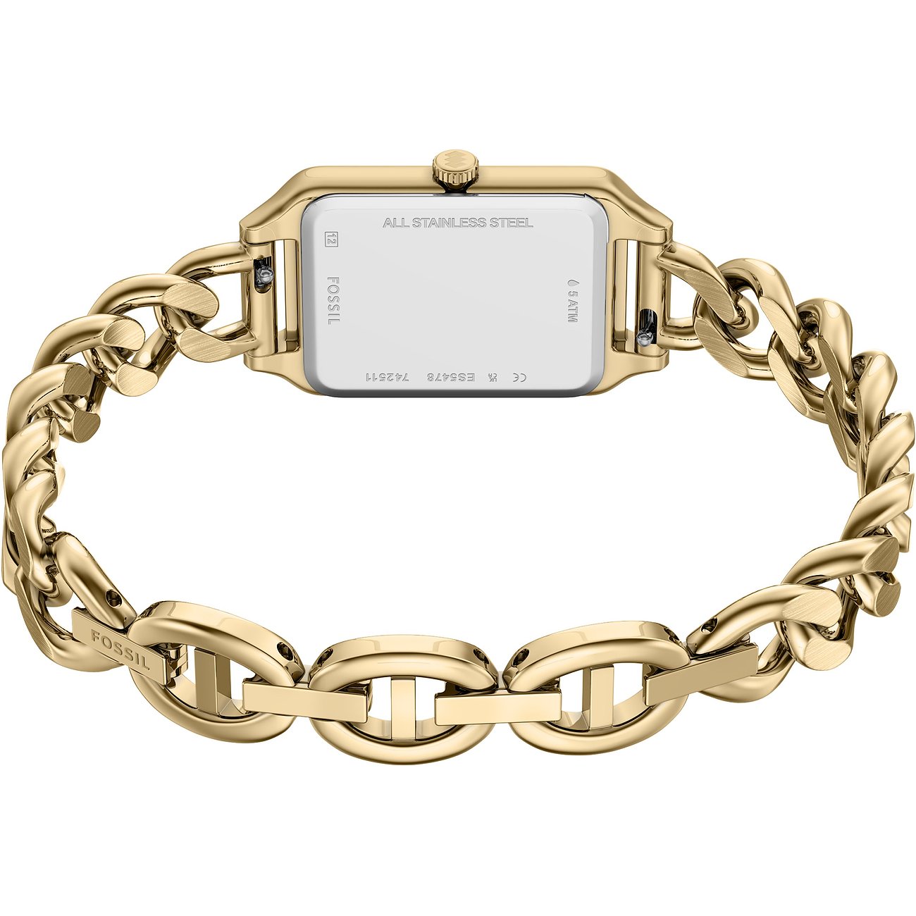 Rückseite einer goldenen Fossil Damenuhr aus Edelstahl mit einem massiven Kettenarmband und aufgdrucktem Text auf dem Gehäuse
