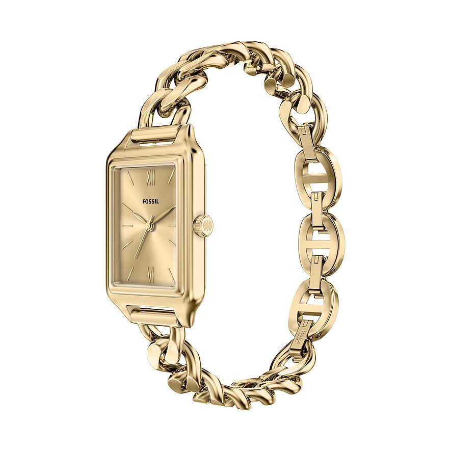 Eine von Fossil designte goldfarbene Damenuhr aus Edelstahl mit rechteckigem Zifferblatt und Gliederarmband.