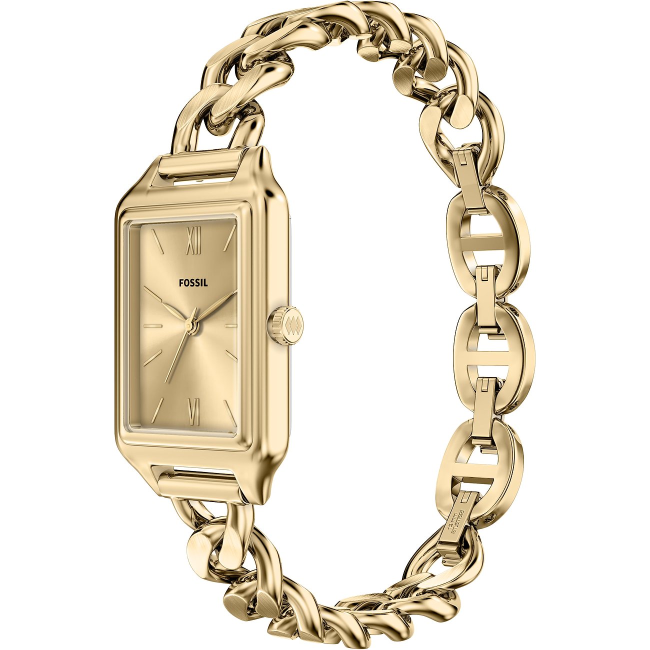 Eine von Fossil designte goldfarbene Damenuhr aus Edelstahl mit rechteckigem Zifferblatt und Gliederarmband.